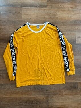 PINK Victoria's Secret Yellow Long Sleeve Tee Blk PINK NATION Sleeve Tape Size L